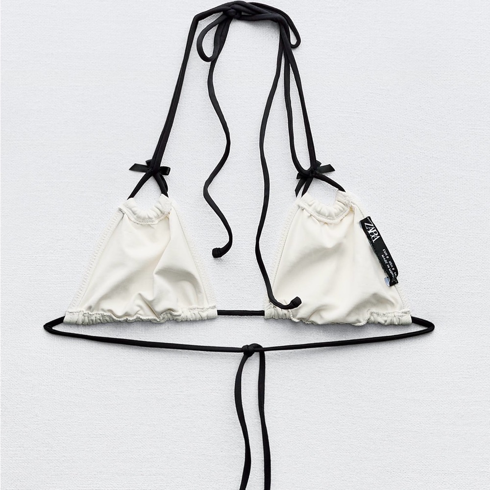 Zara Cream Triangle Bikini Top with Black Ties